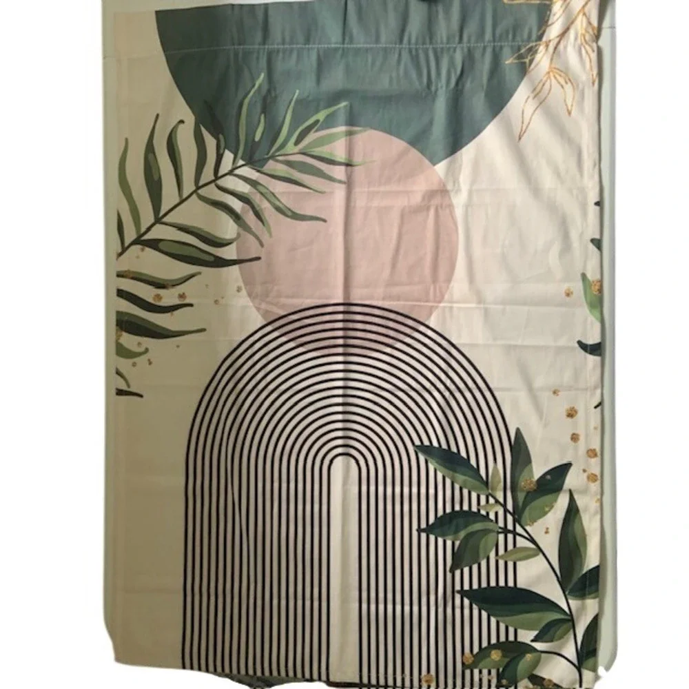 Modern Boho Botanical Cafe Curtains Set 2 Geometric Arch Green Blush 38x27